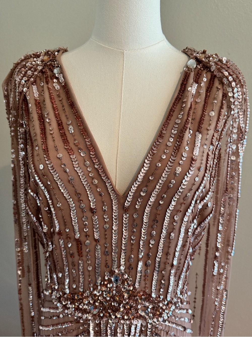 Adrianna Papell Beaded V-Neck Evening Cape Gown - Picture 10 of 14